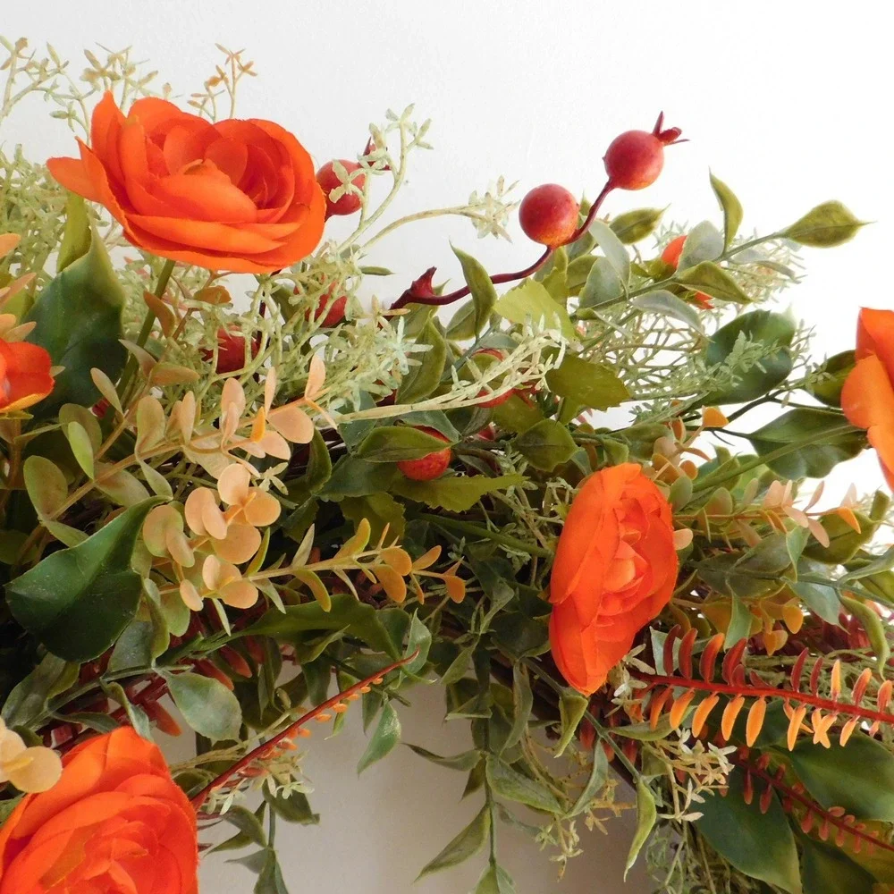 24 Inch Fall Wreath for Front Door, Orange Ranunculus Autumn Wreath Farmhouse